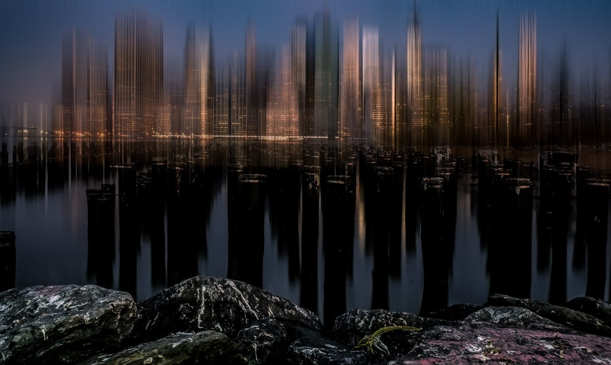 Lower Manhattan Night Skyline from Brooklyn Bridge Park With Pylons – Blur Version
