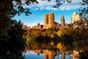 Central Park Lake in Fall With Park West Apartment Towers